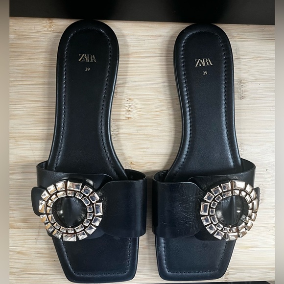 Zara Black Slide Sandals with Gold Circle Embellishment – Size 39 (US 8.5/9) - Picture 1 of 6